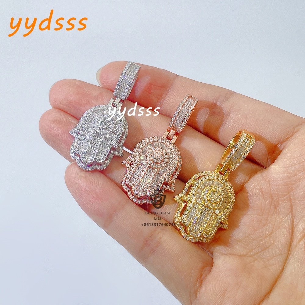 Wholesale Factory Directly Sticking Out One Layer baguette Moissanite Hamsa Hand 925 Silver Pendant