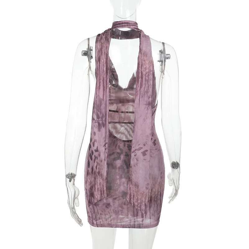 Dongdumaoyi Townlike Print Slim Bodycon Dress Women Halter Mini Spring Summer Backless Nightclub Sexy Party Dresses Scarf