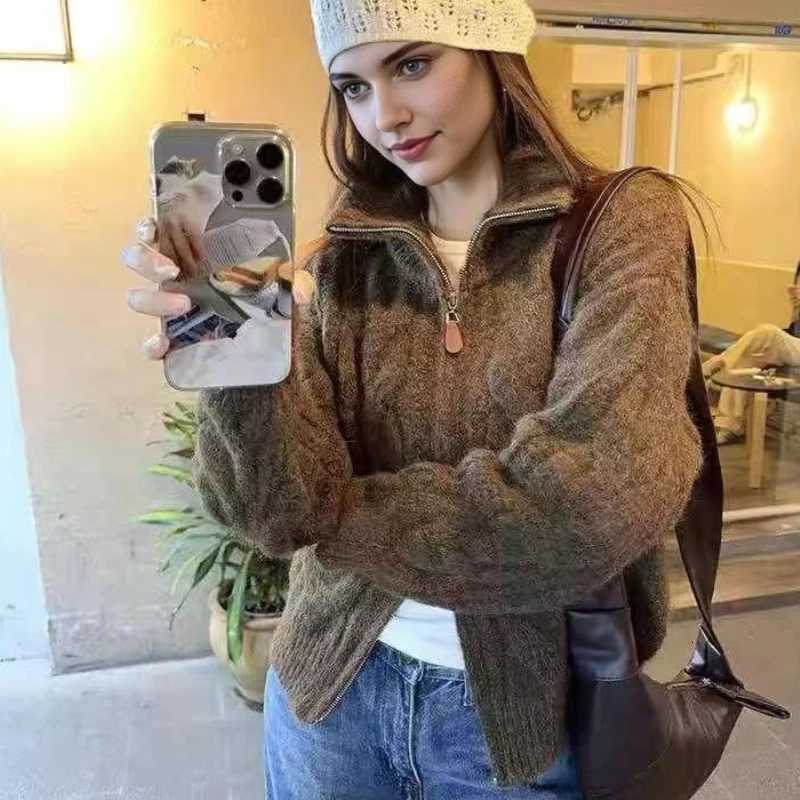 NEW Autumn Winter Womens Long Sleeve Elegant Sweater Knitted Top Cardigan Double Zipper Casual Chic Fashion Warm OuterwearT251125