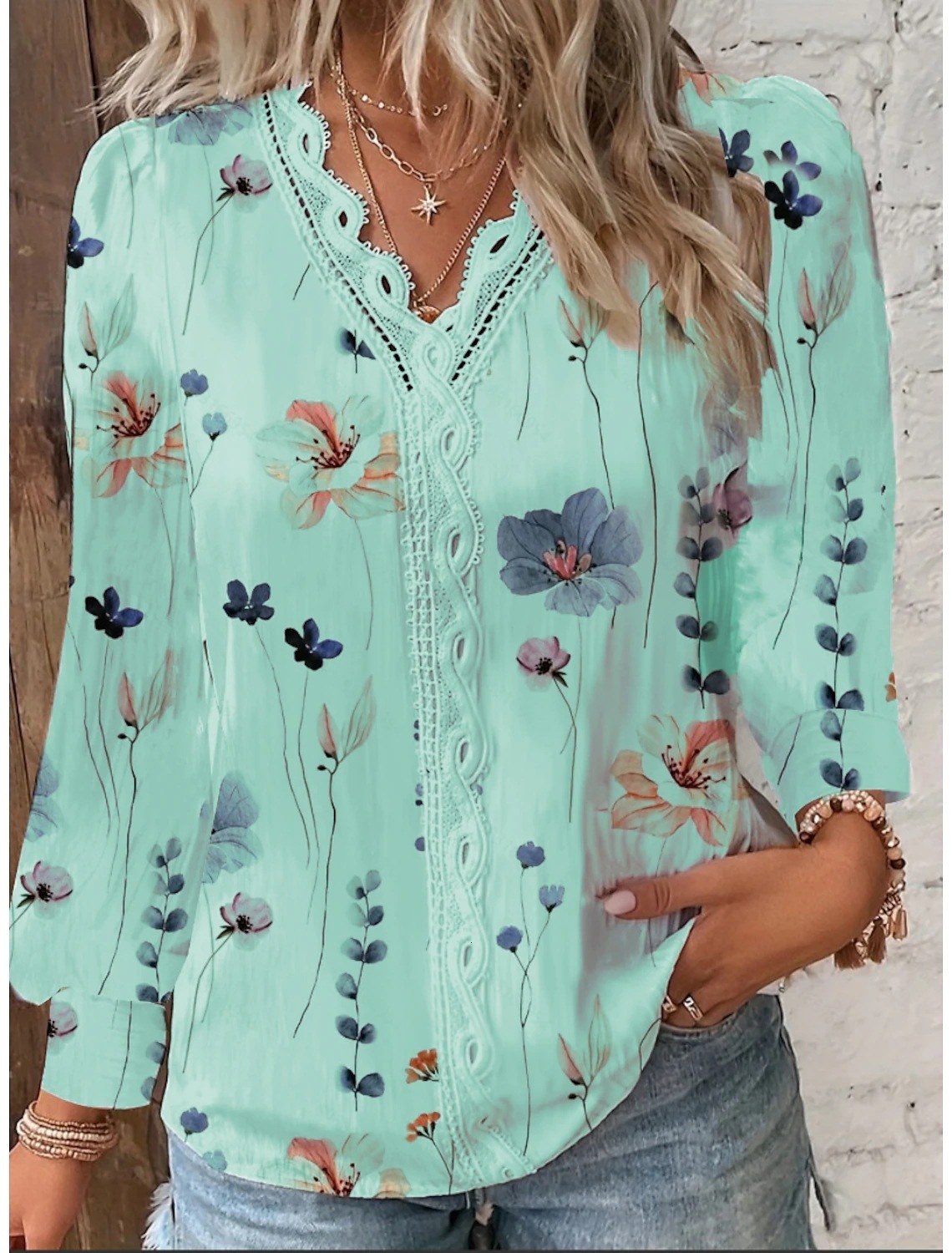 2023 Autumn New Product Long Sleeve V-neck Lace Splicing Shirt for Women
