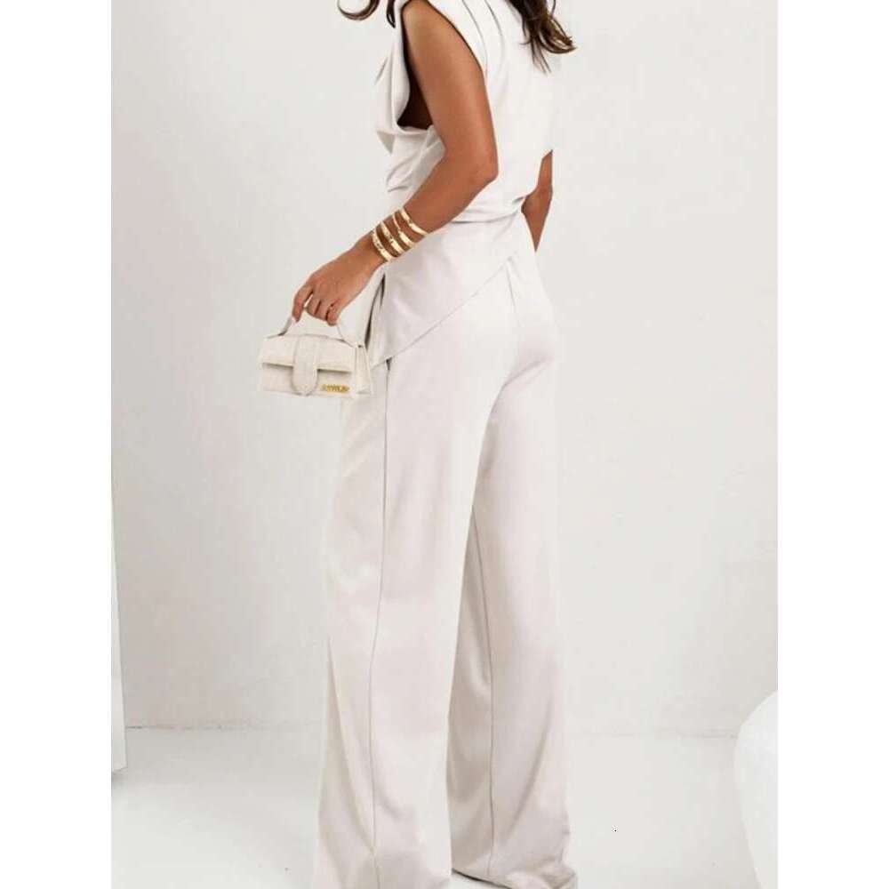 2025 Summer Fashion New Women's Two Piece High Street Elegant Round Neck Irregular Top Elastic Waist Wide Leg Pants Set