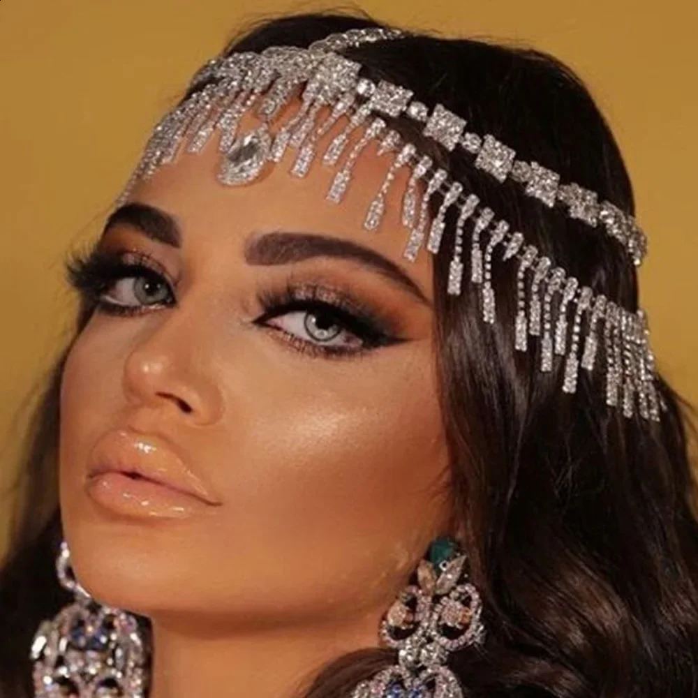 Bling Indian Forehead Chain Rhinestone Headband Headpiece for Women Crystal Hair Ornament Jewelry Wedding Hairpieces Gift 250420
