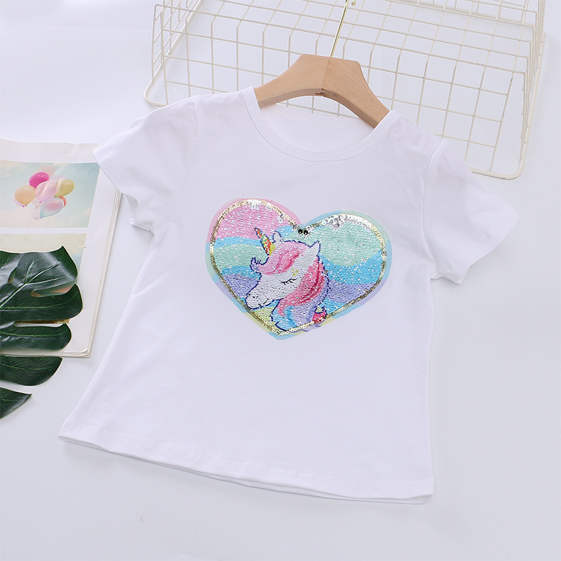 Disney baby designer clothing short-sleeved T-shirt color-changing sequin short-sleeved cotton T summer children's clothing baby girl' casua