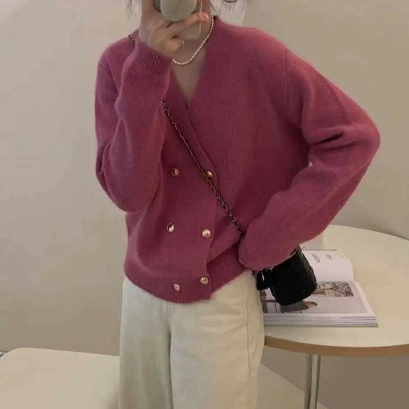 Womens Design Double-Breasted Cardigans Autumn Winter Loose Simple Sweater Outwear Woman Casual Solid Long Sleeves Knit JacketT251125