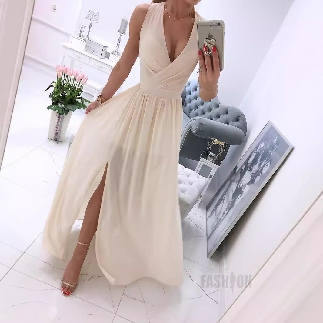 2021 summer new sleeveless solid color V-neck dress