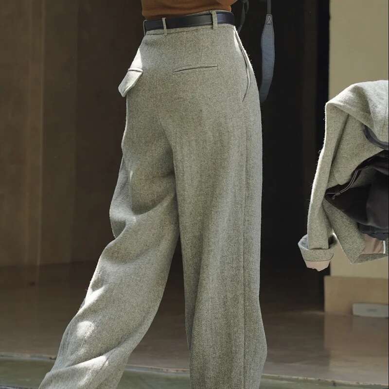 Women's High Waist Wide Leg Pants Autumn Winter Wool Casual Solid Color Loose Fit Trousers
