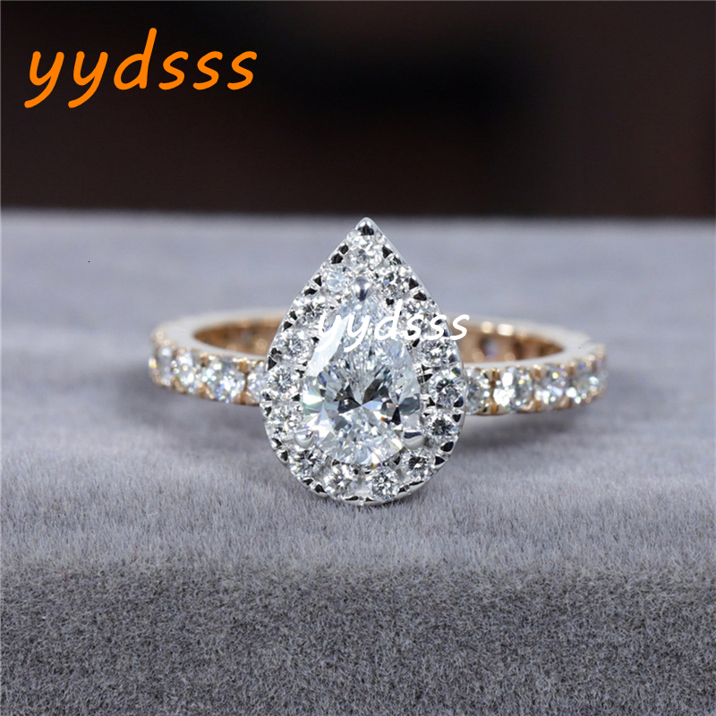 Jewelry 0.70 Carat Pear Cut Lab Diamond Halo Two Tones Fashion Style Engagement Solid Gold Ring For Women 18K 14K Real Gold