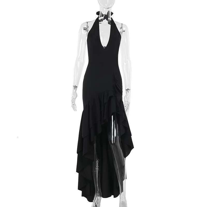 Dongdumaoyi Townlike Ruffles Asymmetrical Elegant Maxi Long Dress Women Halter Summer Backless Nightclub Sexy Party Dresses