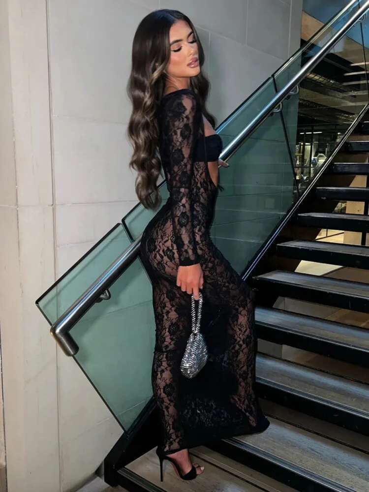 Dongdumaoyi Townlike Perspective Lace Slim Bodycon Dress Women Strapless Autumn Winter Elegant Maxi Long Sexy Party Dresses
