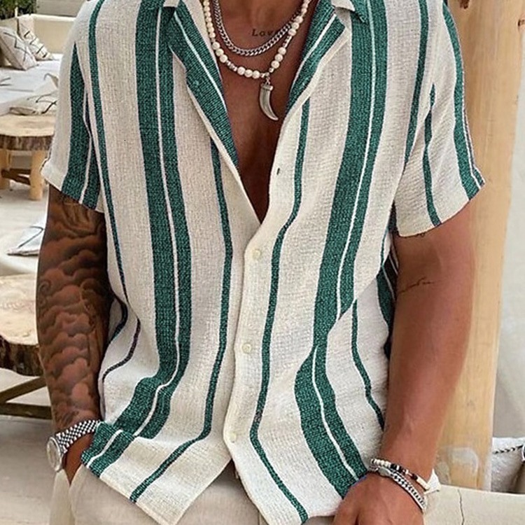 Summer Short Sleeve Large Geometric Stripe Element Coconut Tree Printed Shirt Mens Youth Top Shirt Loose and breathable