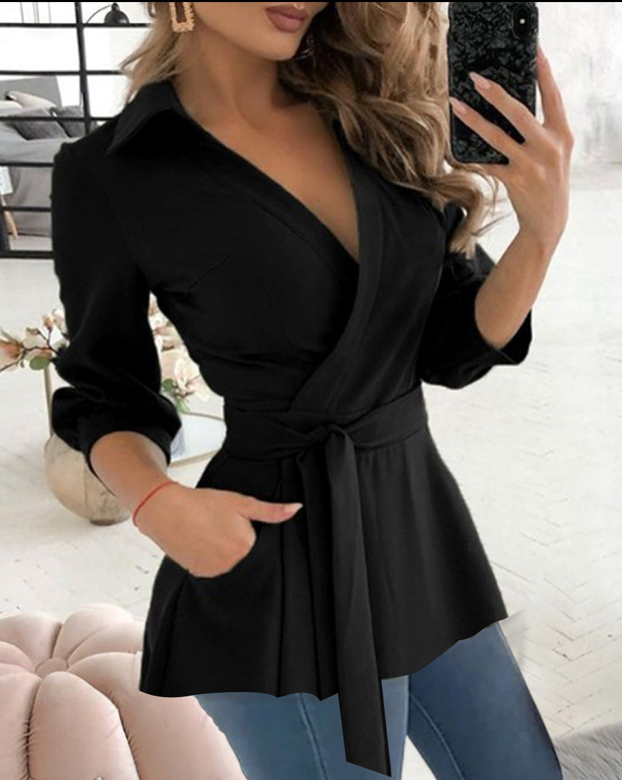 2023 Autumn New Printed Long Sleeve V-neck Belt Shirt for Women