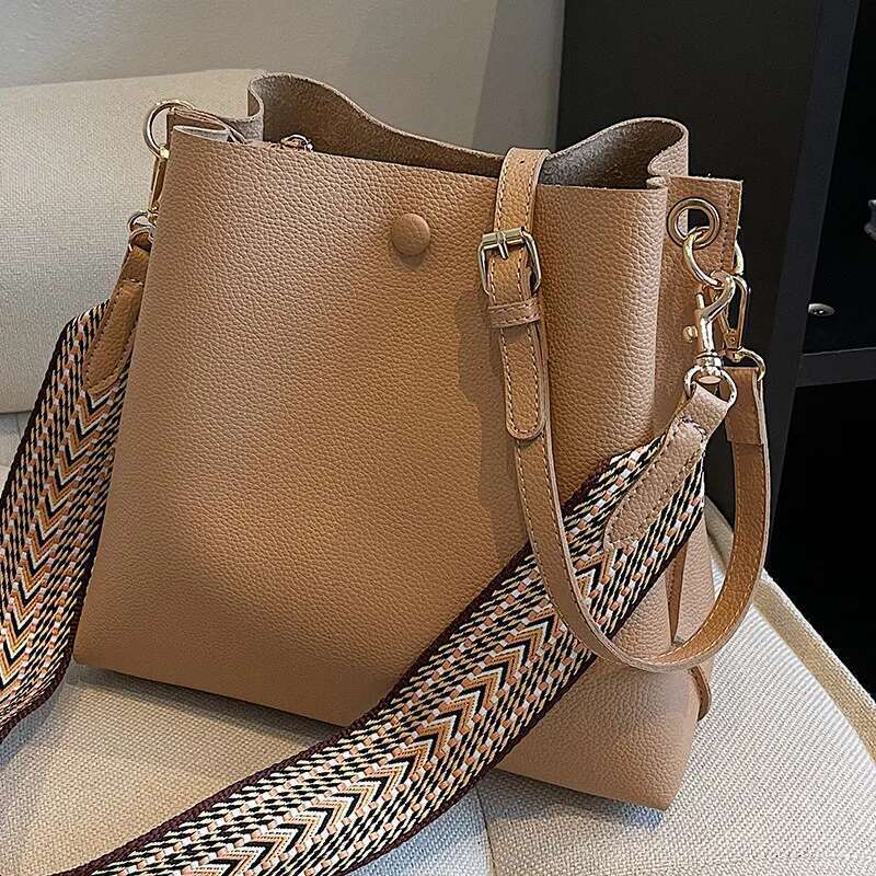 Fashion Bucket Bag For Women Handbag PU Leather Shoulder Designer Wide Strap Ladies Crossbody Bag Female Totes Bolsa