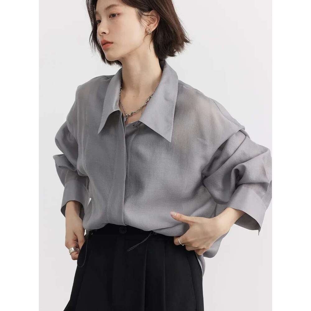 CHIC VEN Women Thin Shirt Long Sleeve Casual Loose Slightly Transparent Cool Blouses Woman Solid Design Female Top Summer 2024