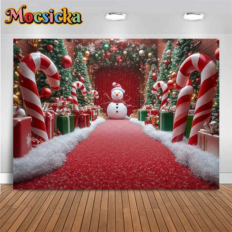 Mocsicka Christmas Background Photography New Year Candy Door Tree Red Carpet Decoration Winter Snowman Photo Backdrop WallpaperM251125