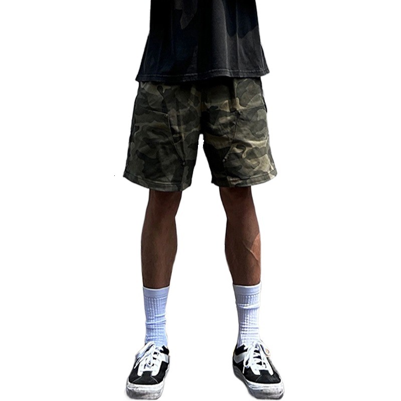 Camouflage shorts, American style multi pocket work summer cropped loose casual mid length pants, trendy