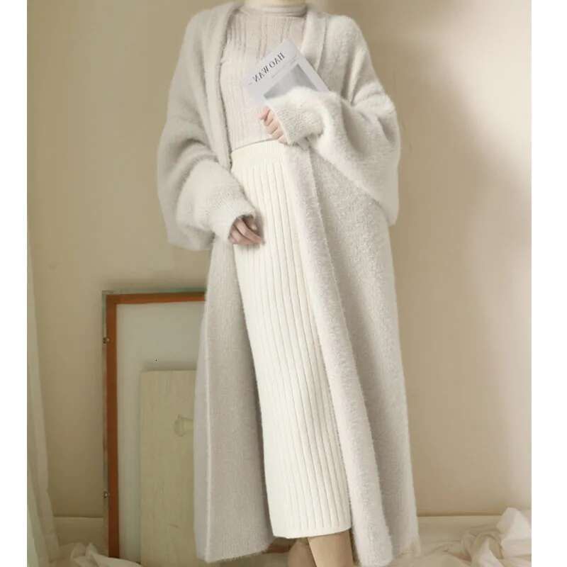 White Long Cardigan For Women Winter Clothes Knitted Fluffy Long Sleeve Cashmere Sweater Coat Clotkorean Style Warm Vintage