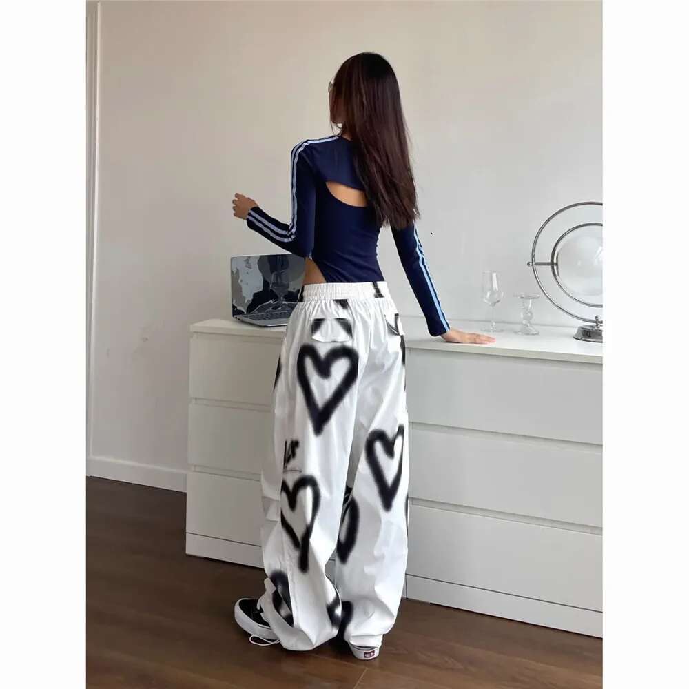 Love Graffiti Wide Leg Pants Women Y2k Elastic High Waist Streetwear Loose Drawstring Jogging Trousers Korean Casual Sweatpants