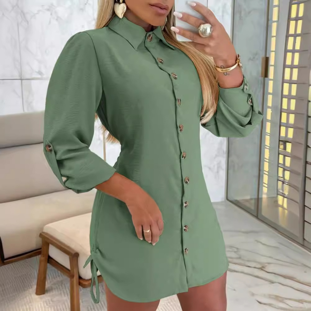 2024 Autumn Fashion Long Sleeve Solid Color Double Side Drawstring Dress for Women