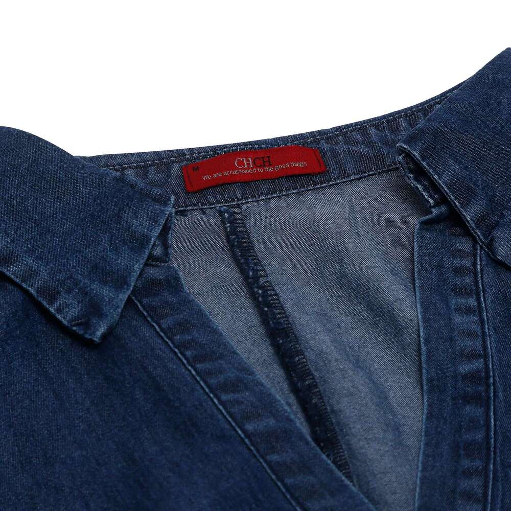 CHCH Women's Fashion Embroidery Polo Neck Shirt Dress Elegant Denim Sleeve Pocket Office Ladies Long Dresses