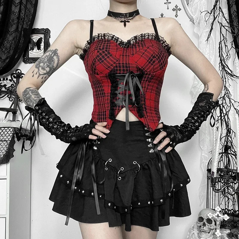 retro dark punk rivet corn belt mini skiing gothic punk Y2K Grunge streetwear womens pleated A-Line sweet ultra-thin skiing 250422
