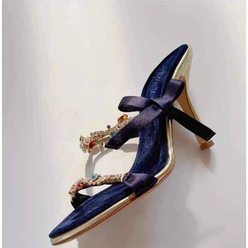 Summer new rhinestone bow with sexy open-toe fashion slippers high-heeled suede banquet dress small size women's sandals