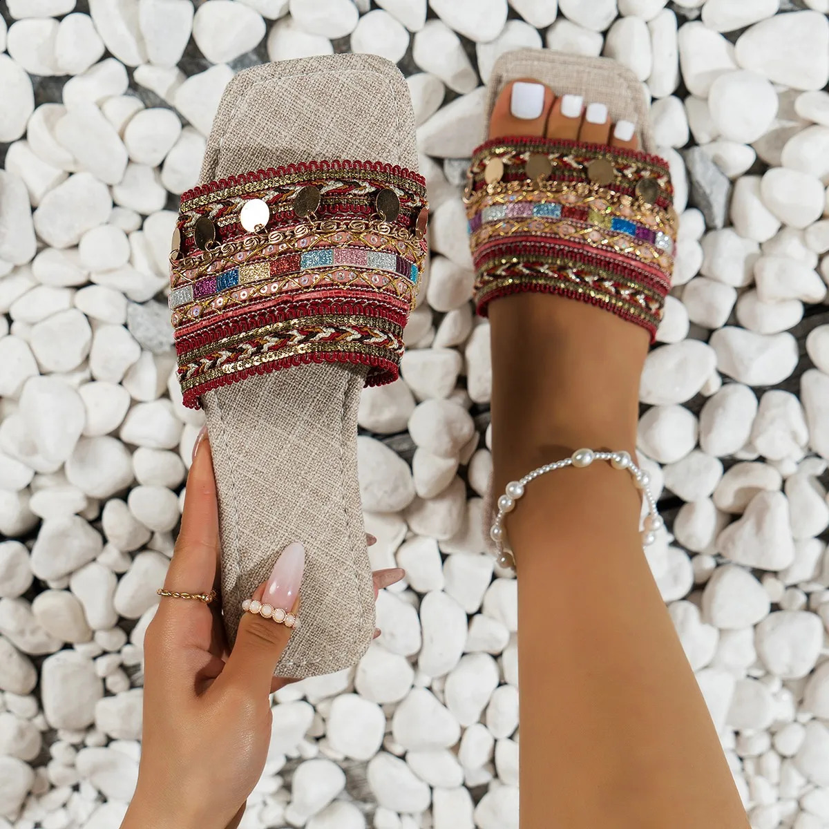 Shoes for Women Summer Basic Womens Slippers High Quality Boho Women Slippers Women Metal Decoration Flat Sandals Zapatos 250421