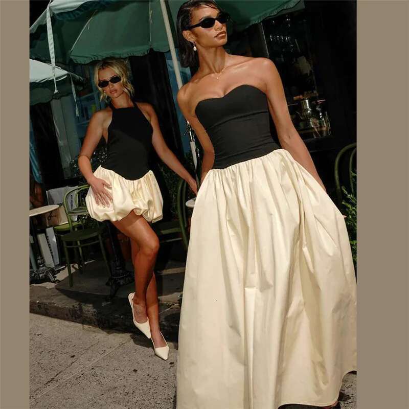 Dongdumaoyi Townlike Patchwork Pleated A Line Dress Women Midi Long Strapless Summer Backless Nightclub Sexy Party Dresses