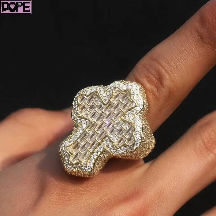 Hip Hop Moissanite Jewelry Custom Ring 925 Silver Bling Iced Out Cross Men Rings VVS Moissanite Ring