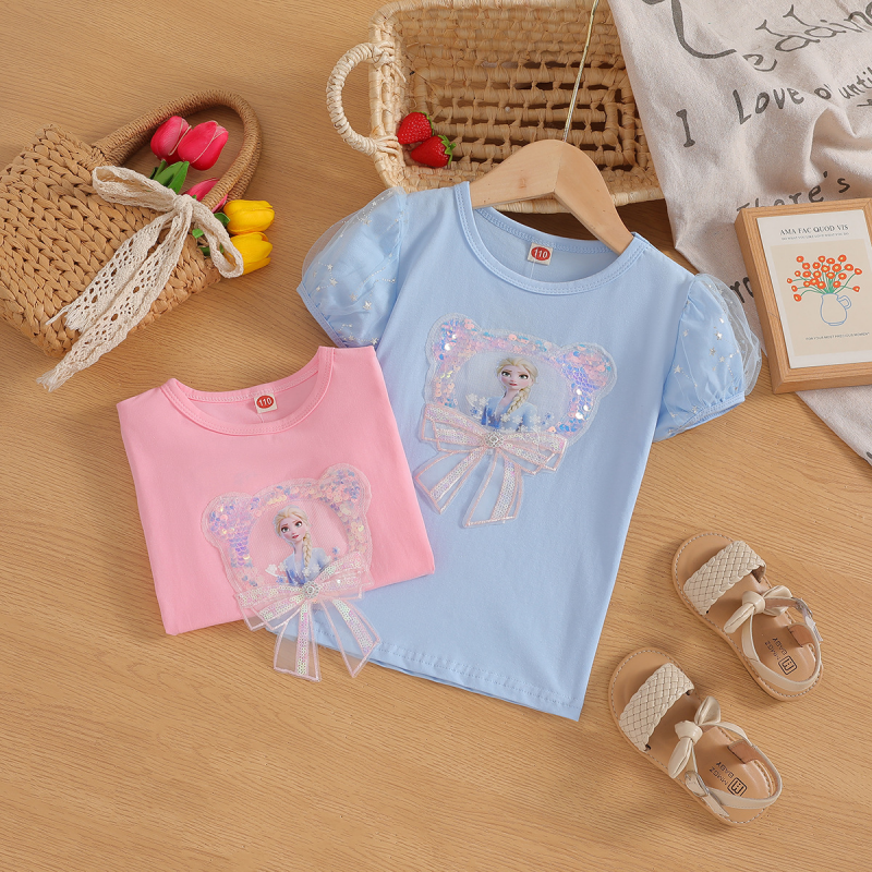 DISNEY baby clothes kids designer clothes Frozen Elsa princess Summer lightweight children baby girl round neck top comfortable soft label-free design