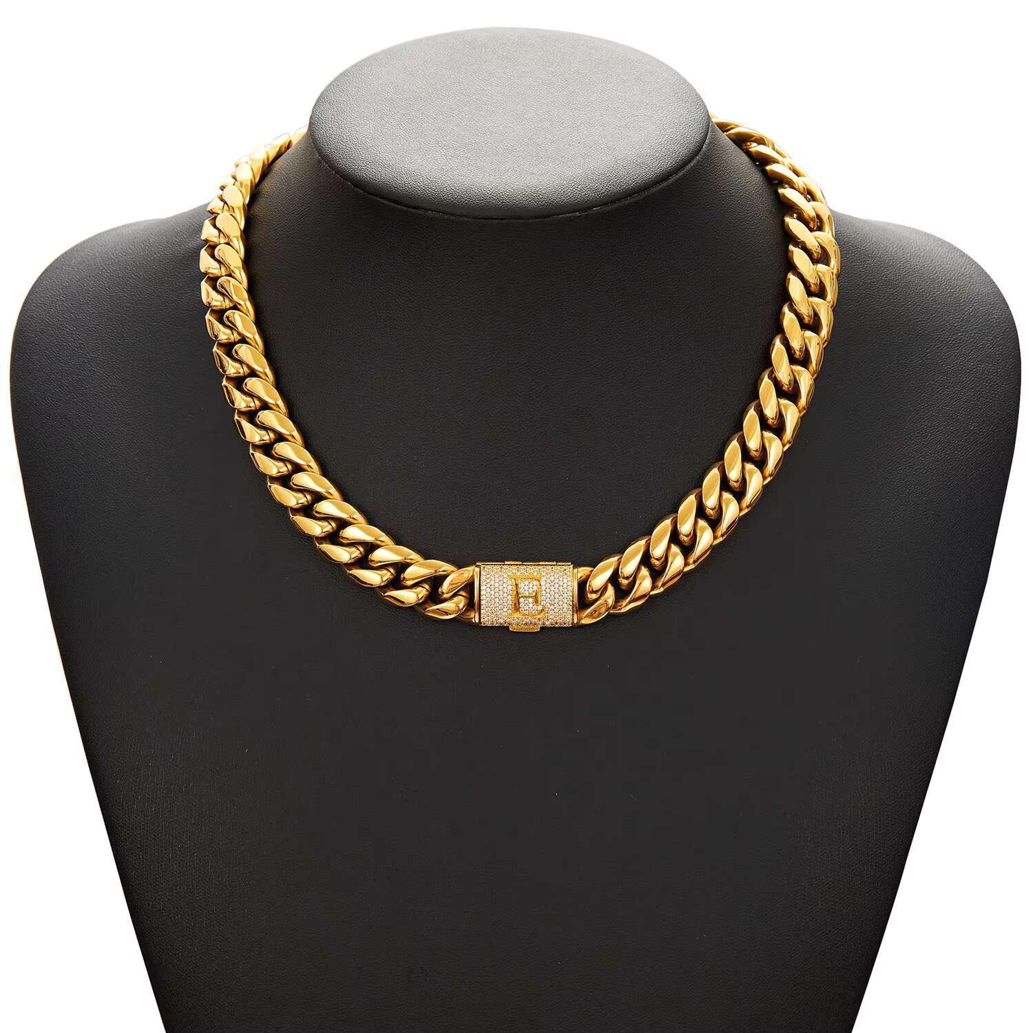 26 Letters Alphabet Iced Out Buckle Stainless Steel Cuban Link Necklace Bracelet for Men 18K PVD Gold Plated Hip Hop Jewelry