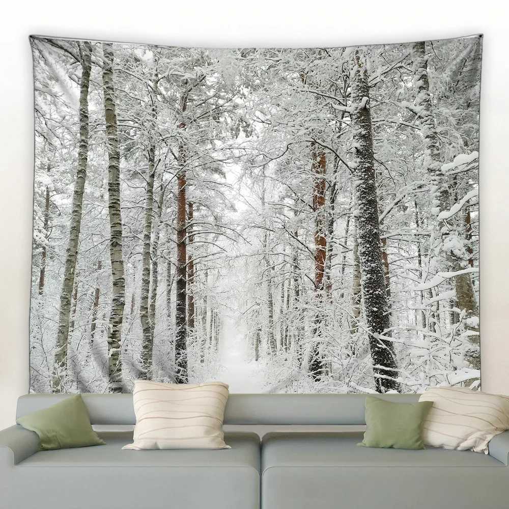 Window Outside Snowflake Forest Tapestry Winter Landscape Tapestries Wall Hanging Home Art Decor Blanket for Bedroom Living RoomM251125