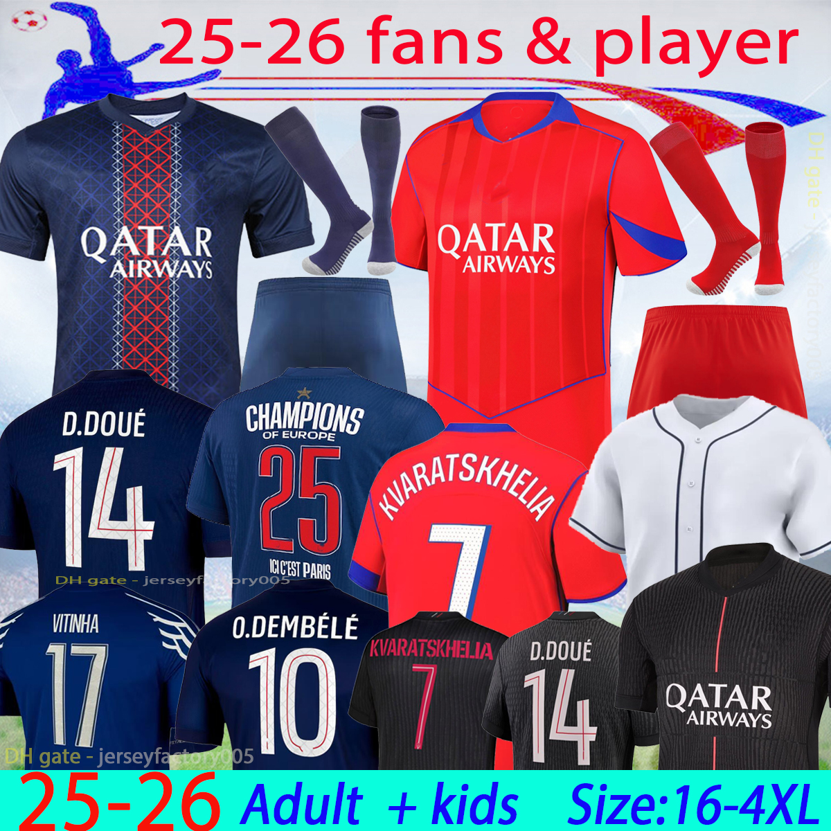 2025 2026 maillot de foot Kvaratskhelia soccer jerseys CHEVALIER JOAO NEVES HAKIMI football shirtS 25 26 hommes BARCOLA Zaire-Emery O.Dembele PSGES D.Doue 16-4XL