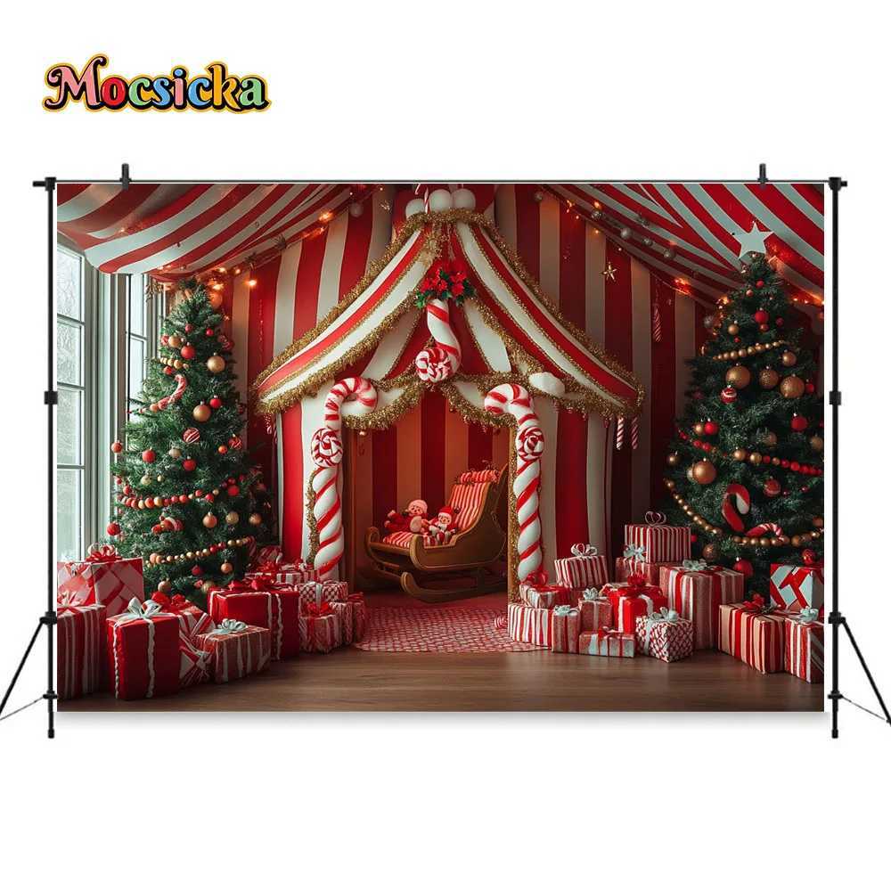 Christmas Candy Cane Tent Background Photography Xmas Gifts Sleigh Pine Tree Gift Backdrop Decor Kids Indoor Winter PhotoboothM251125