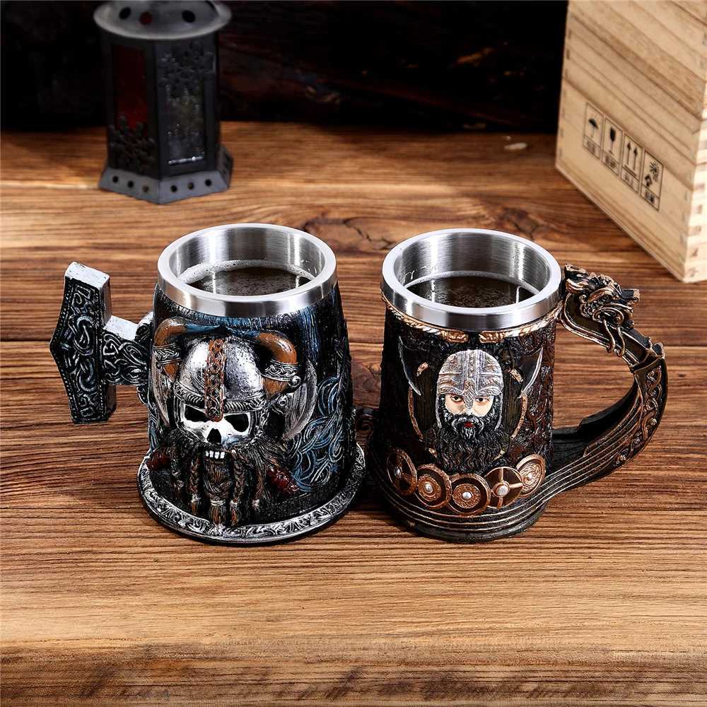 Vikings Skull Vintage Style Stainless Steel Beer Mug Medieval Pirate Wood Barrel Coffee Cups Halloween Metal Drink Bar Ornaments Y251125