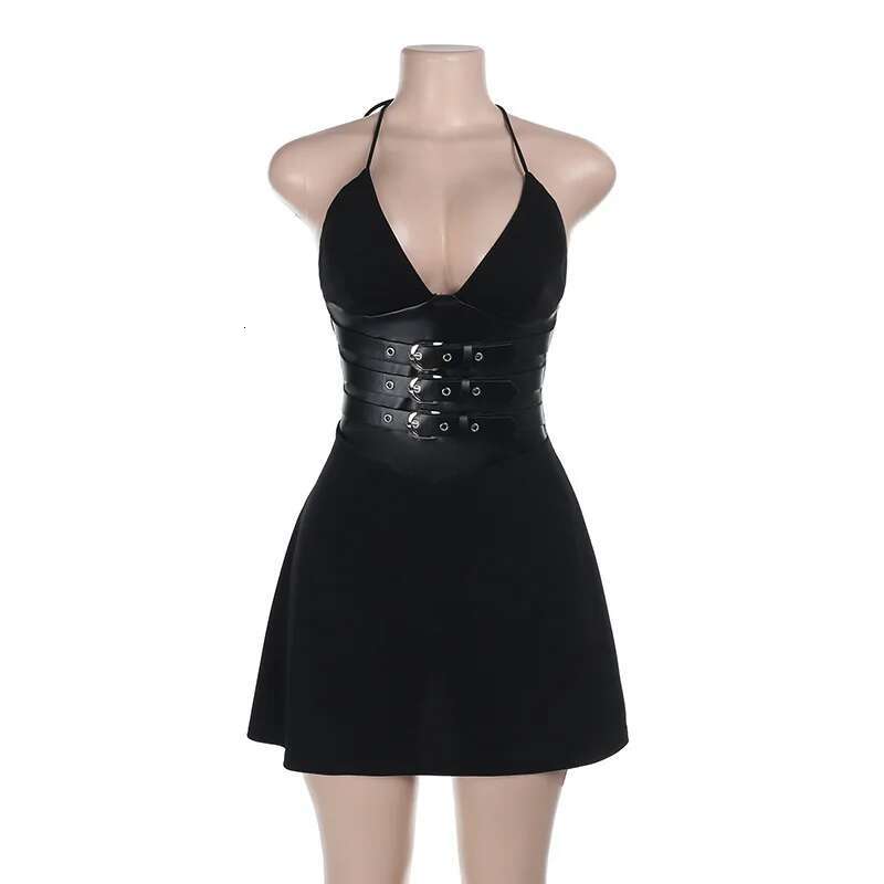 Dongdumaoyi Townlike Leather Patchwork Slim Bodycon Dress Women Halter Mini Spring Summer Backless Nightclub Sexy Party Dresses