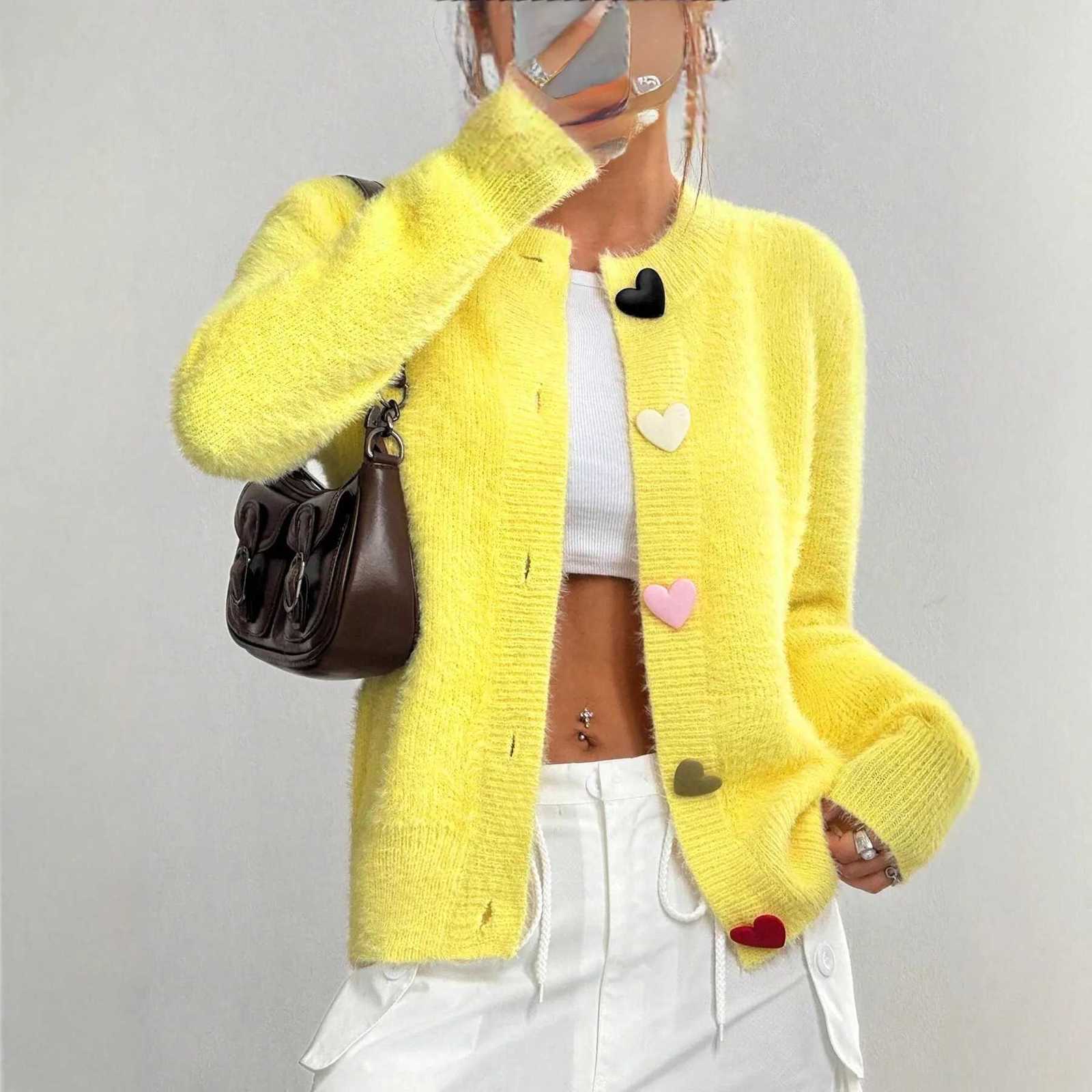 Autumn Winter Fashion Yellow Cardigan Women Heart Button Long Sleeve Knit Sweater OuterwearsT251125