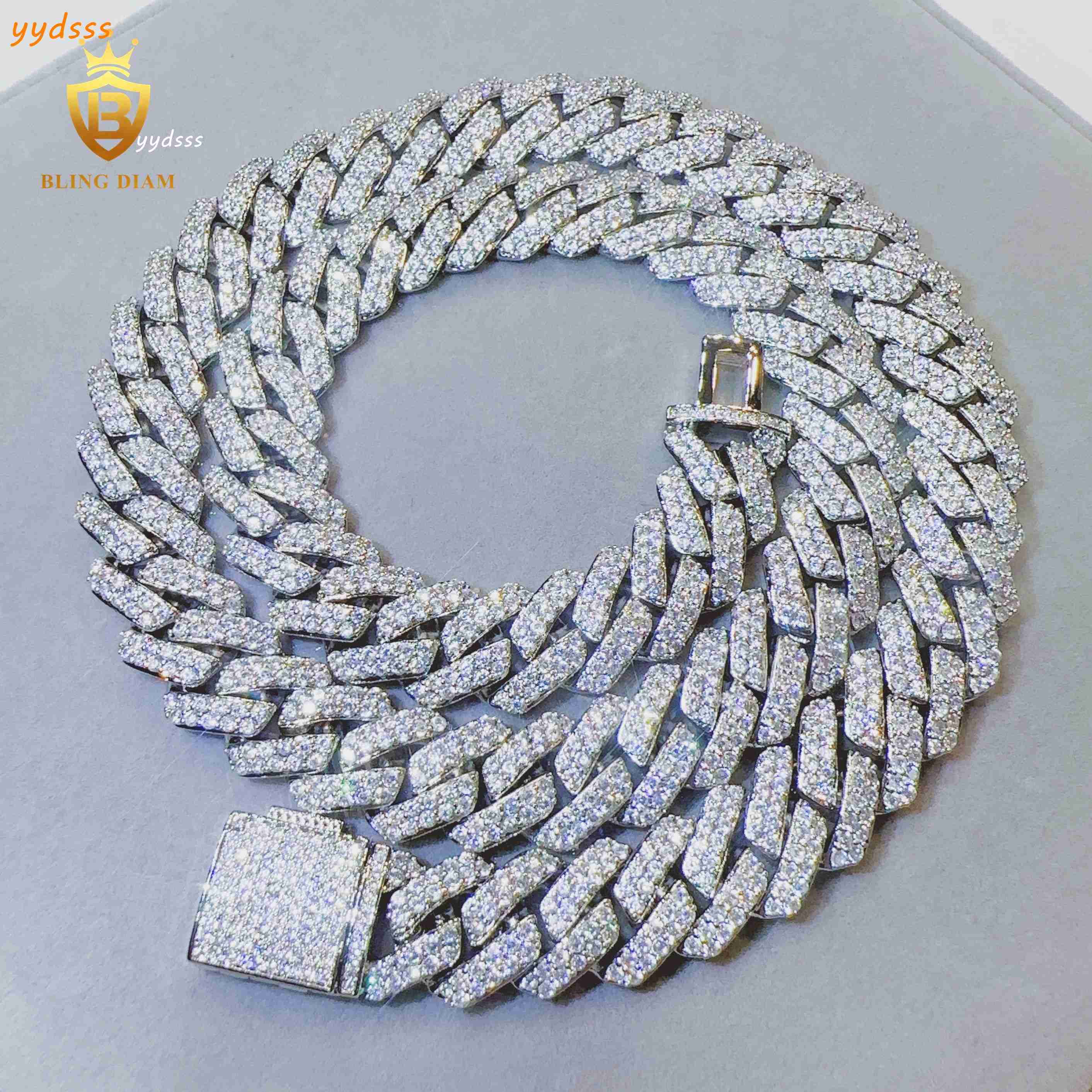 Blingdiam Jewelry Hip Hop Cuban Chain Necklace 15mm Copper 2Rows 5A+ Moissanite Diamond Cuban Link Chain for Men