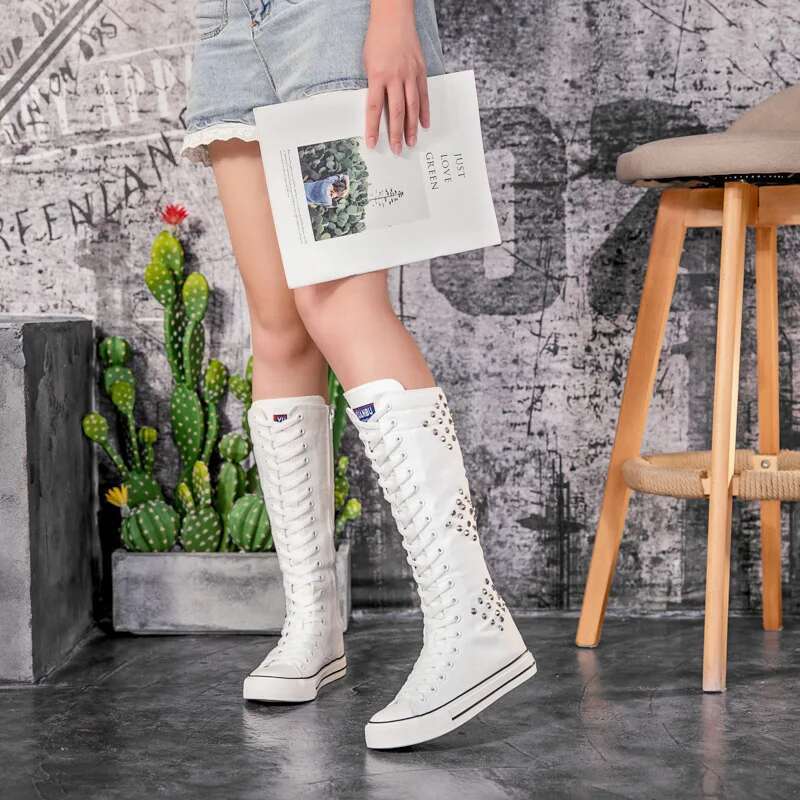 Spring and summer new long lace-up side zipper knee-high boots casual flat inner heightening large-size rivet canvas women shoes