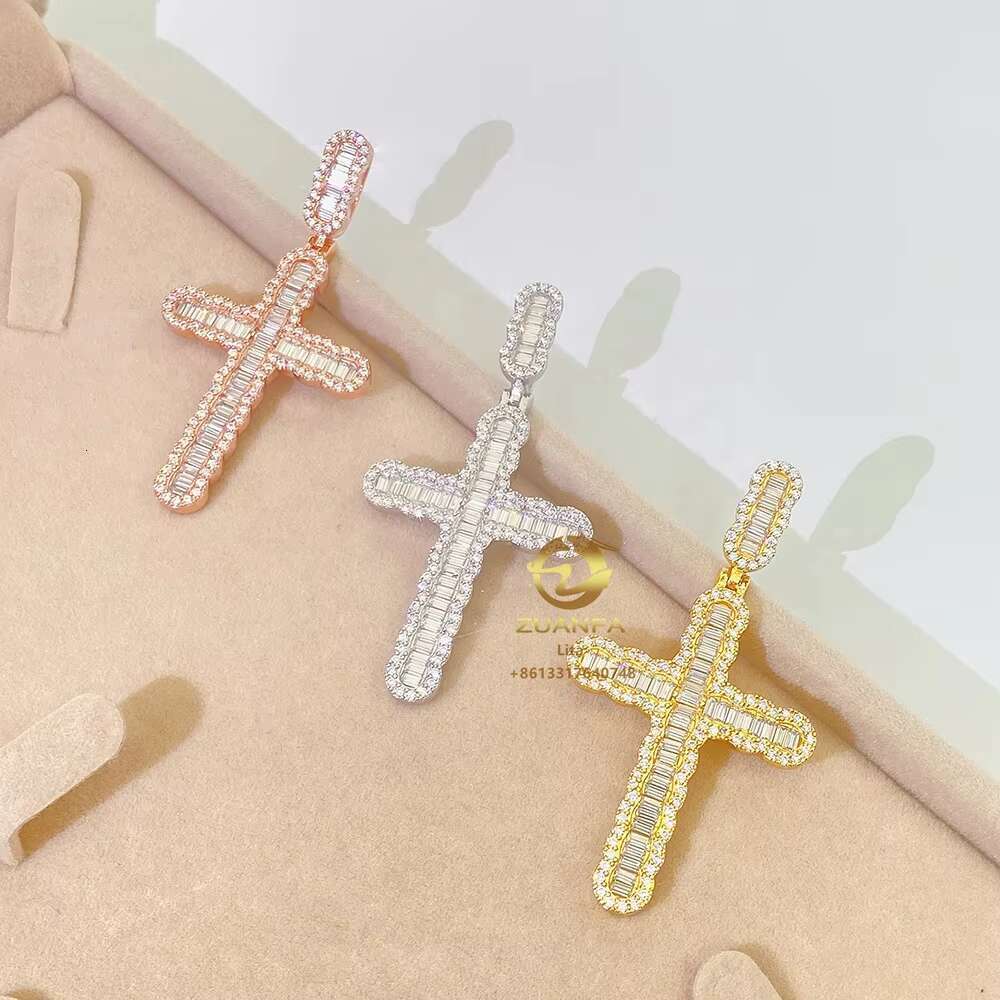 Hip Hop Fashion Iced Out Jewelry Vvs baguette Moissanite Men Silver 925 Custom Cross Pendants