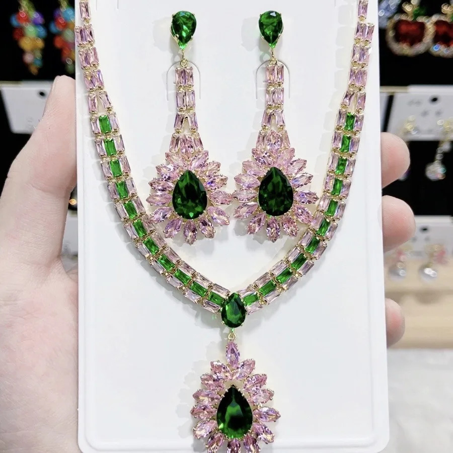 Women Fashion Zircon Pink Green Water Drop Necklace Earrings Set 2024 250417