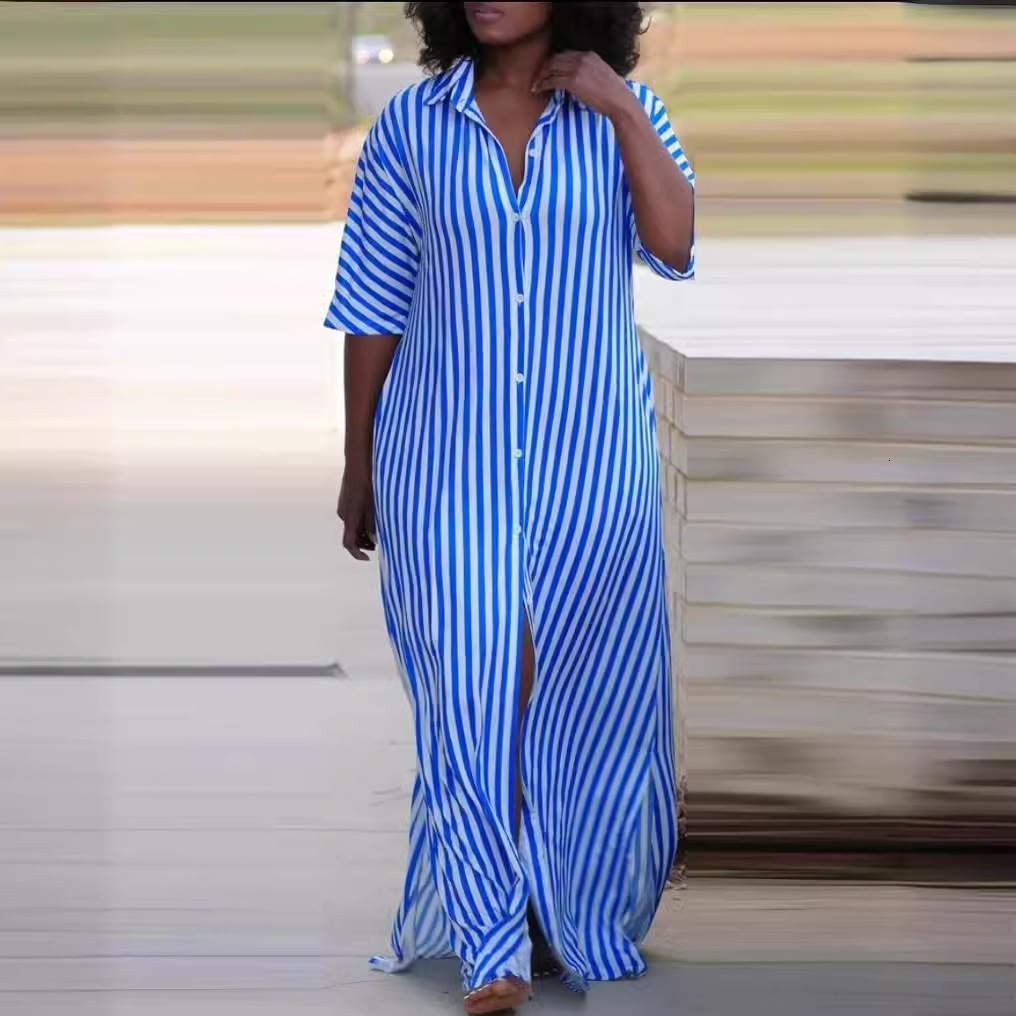 2024 Summer Fashion Loose V-neck Long Striped Shirt Dress for Women