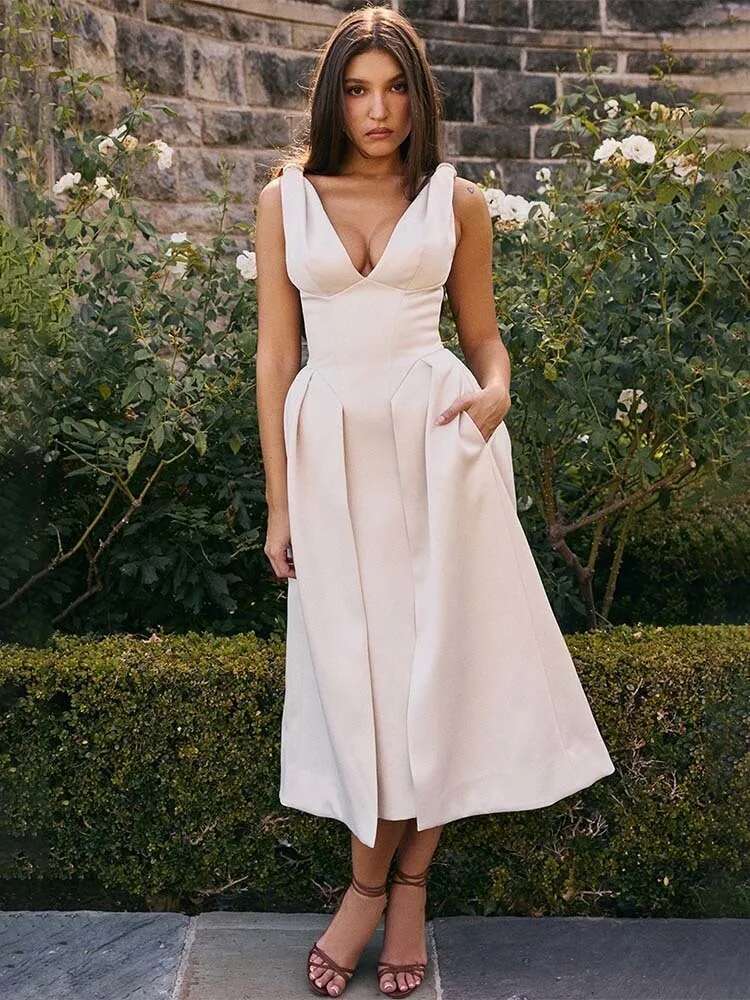 Dongdumaoyi Townlike Pleated Midi Long A Line Dress Women Spaghetti Strap Spring Summer V Neck Nightclub Sexy Party Dresses