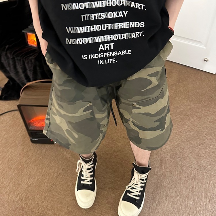 Camouflage shorts men's summer new style American high street trendy brand rivet pure cotton work loose and versatile five quarter pants