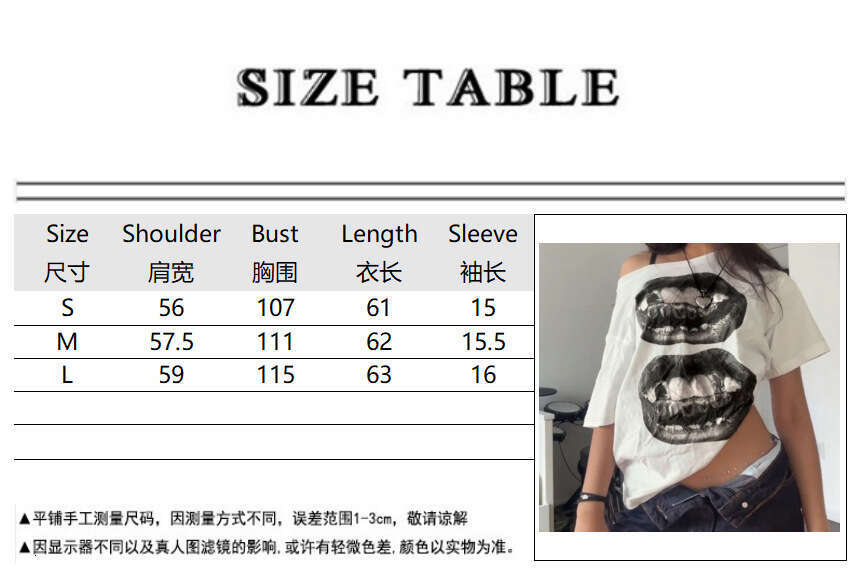 Spring/Summer New Hip Hop Mouth Printed Slant Neck Loose T-shirt Street Sexy Off Shoulder Casual Short Sleeve