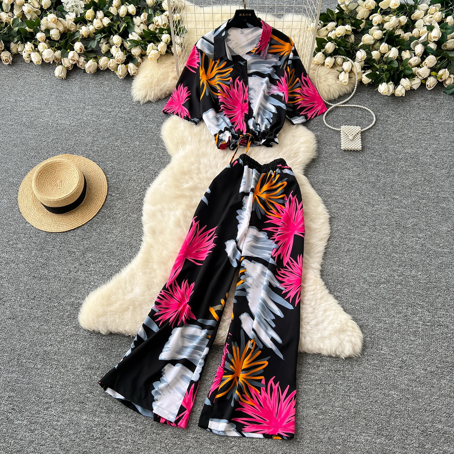 Summer Fashion Printed Set Womens Loose Short Sleeve Top Elastic Waist Wide Leg Cutting Pants Womens Elegant Two Piece Set 250414Z