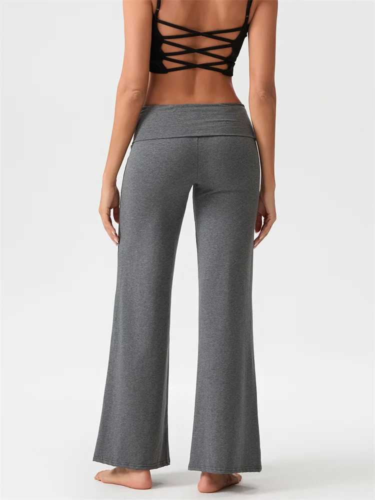 Womens casual pants with spring and autumn folding waist loose and wide leg pants solid color bagged straight pantsC250425
