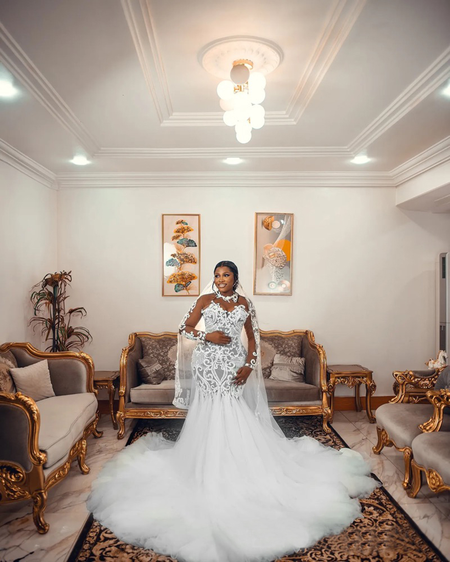 2025 Plus Size Wedding Dress Bridal Gowns For Bride Mermaid High Neck Long Sleeves Illusion Tiered Tulle Church Beaded Lace Wedding Gowns For Black Wo