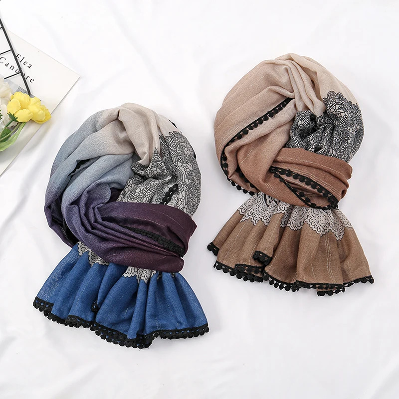 Bright Silk Lace Scarf Gradient Print Viscose Hijab Woman Muslim Hijabs Lady Elegant Long Scarf Femme Headband Shawls 180*90cm 250424