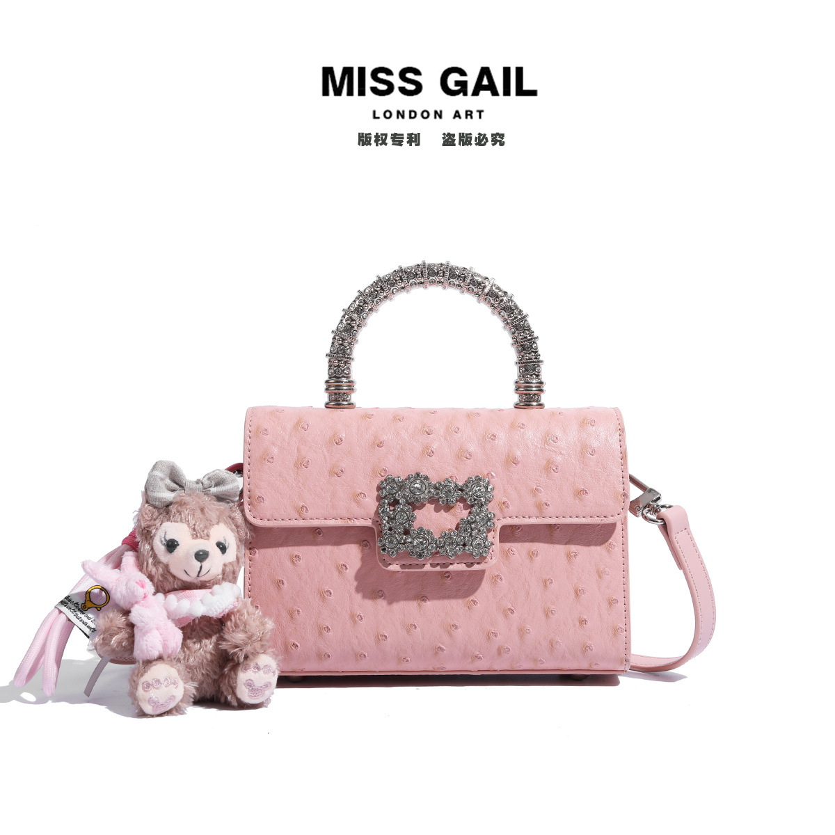 Ostrich Pattern Small Square Bag for Women's Fashionable Luxury Pink Cartoon Pendant Handbag Single Shoulder Crossbody Bag