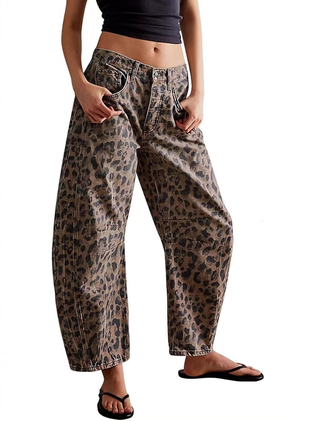 Women Leopard Barrel Jeans Y2k Cheetah Printed Baggy Boyfriend Jeans Mid Rise Wide Leg Denim Pants Horseshoe Jeans 250317